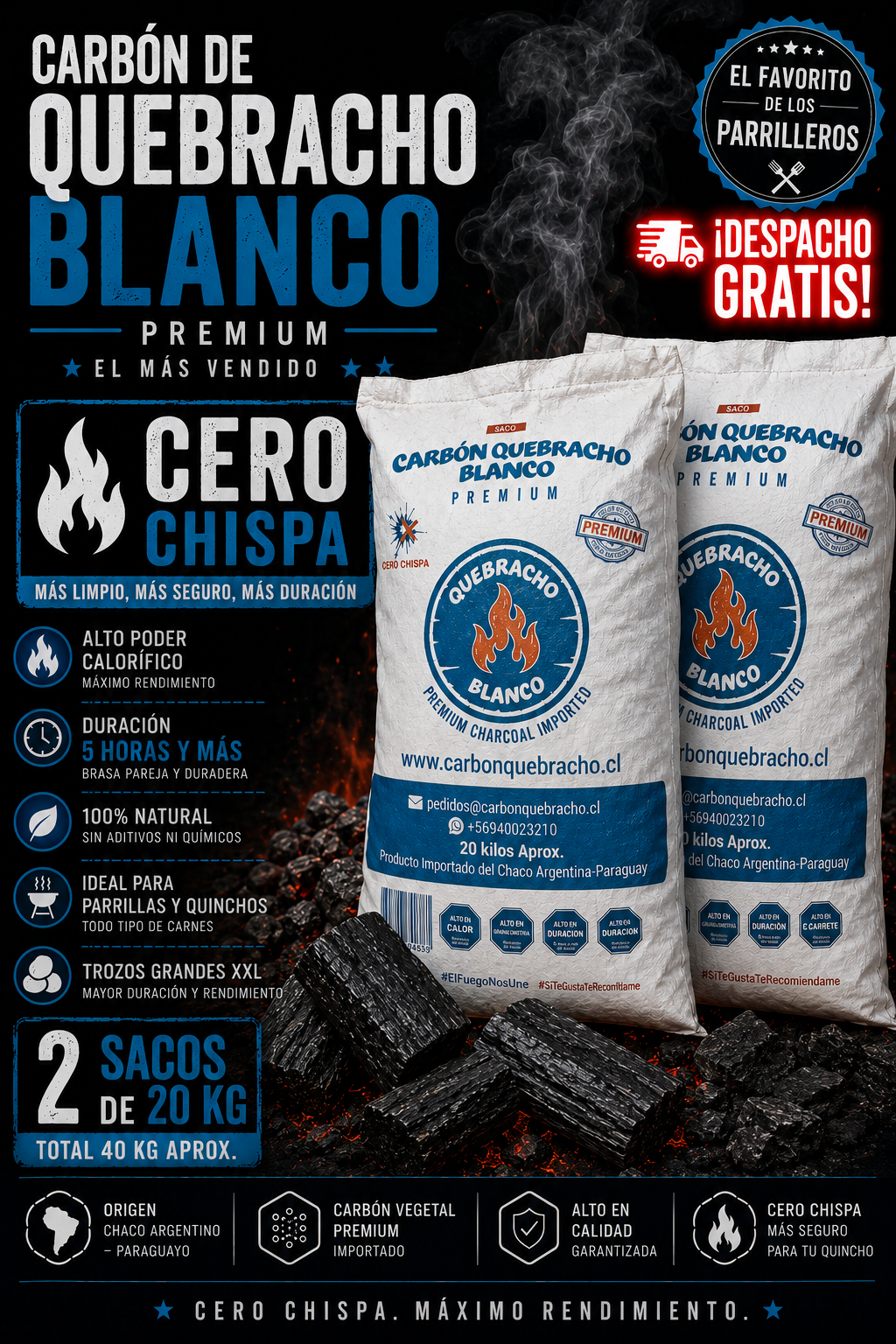 2 Sacos Carbón Quebracho Blanco 40 Kg | Despacho Gratis Santiago