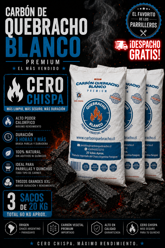 3 Sacos de Carbón Quebracho Blanco Premium Cero Chispa 20 Kilos + Despacho Gratis en Santiago*