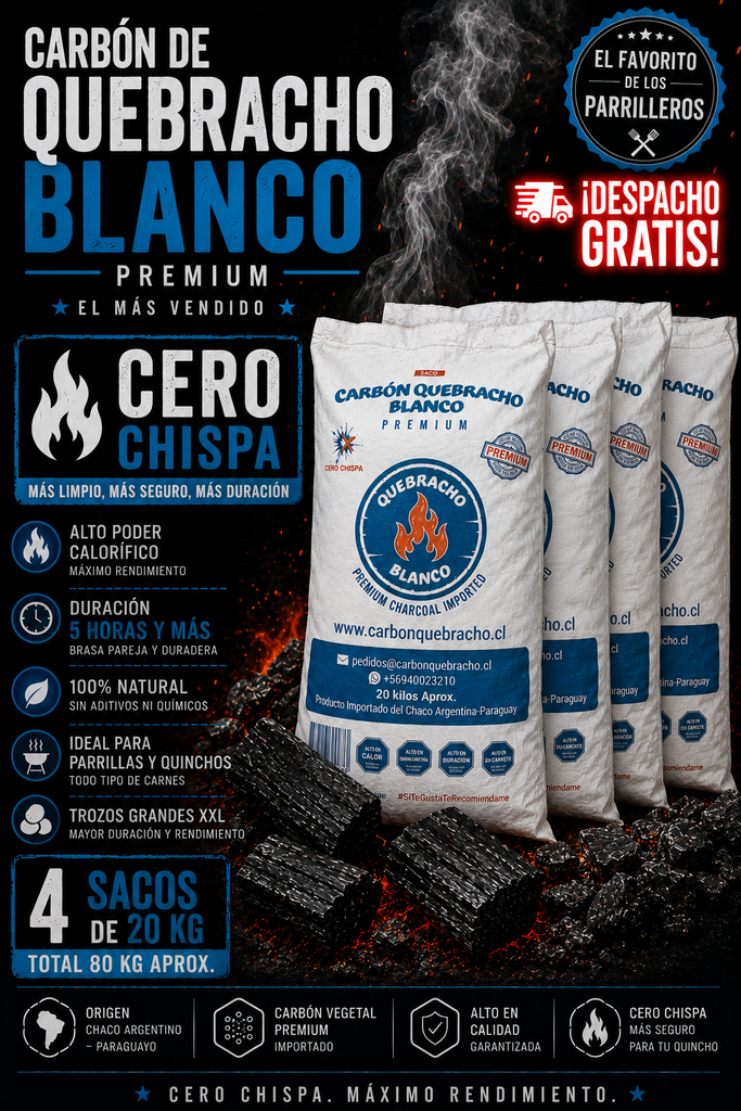 4 Sacos de Carbón Quebracho Blanco Premium Cero Chispa 20 Kilos + Despacho Gratis en Santiago*