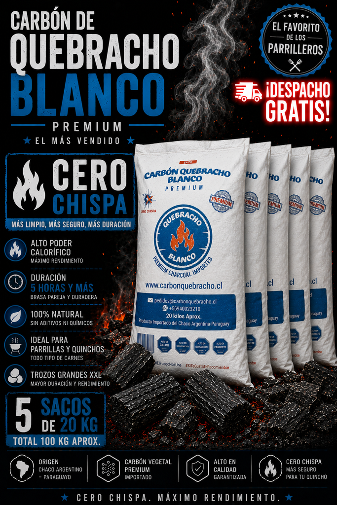 5 Sacos de Carbón Quebracho Blanco Premium Cero Chispa 20 Kilos + Despacho Gratis en Santiago*