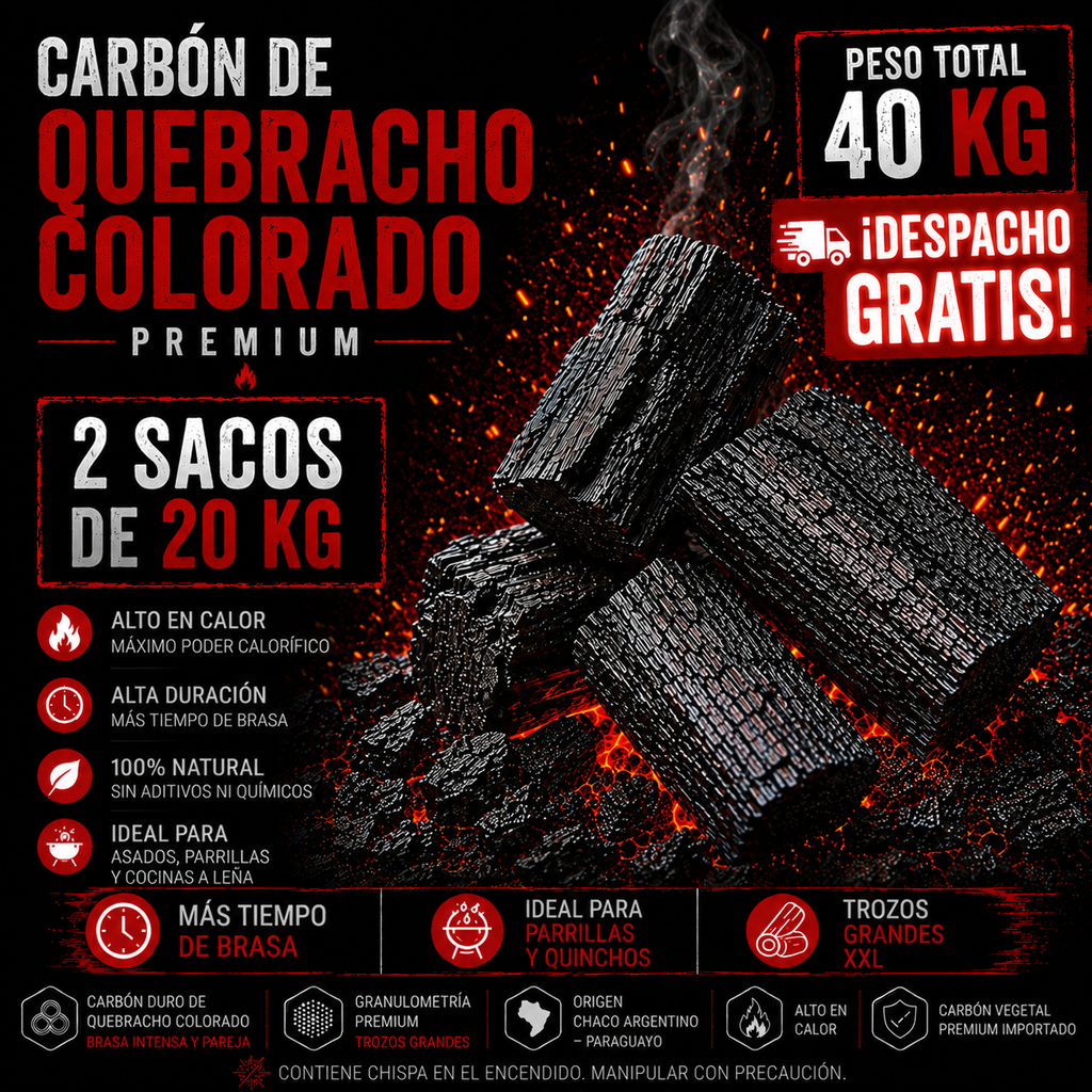 2 Sacos de Carbón Quebracho Colorado Premium + Despacho Gratis en Santiago*