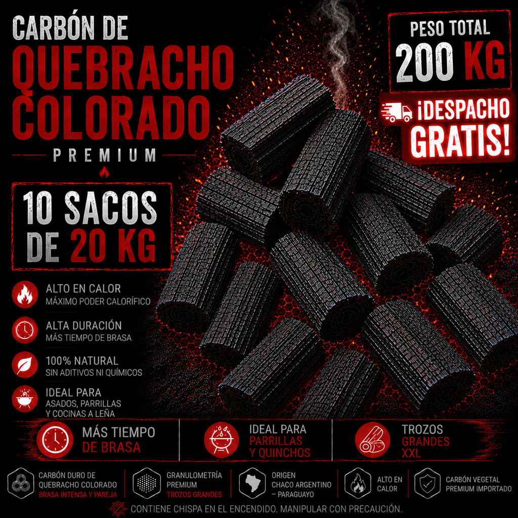 10 Sacos de Carbón Quebracho Colorado Premium + Despacho Gratis en Santiago*