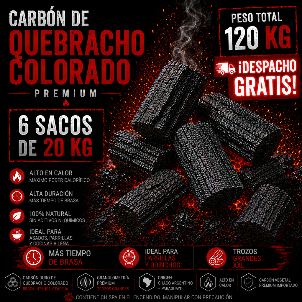 6 Sacos de Carbón Quebracho Colorado Premium + Despacho Gratis en Santiago