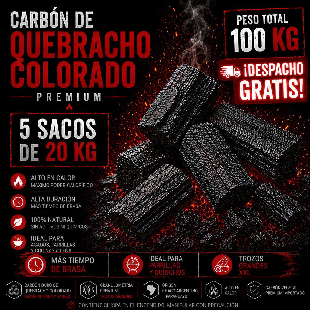 5 Sacos de Carbón Quebracho Colorado Premium + Despacho Gratis en Santiago
