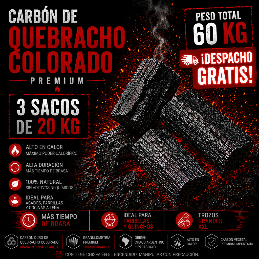3 Sacos de Carbón Quebracho Colorado Premium + Despacho Gratis en Santiago*