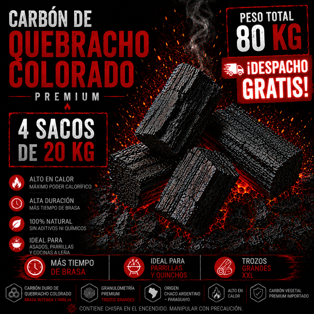 4 Sacos de Carbón Quebracho Colorado Premium + Despacho Gratis en Santiago*