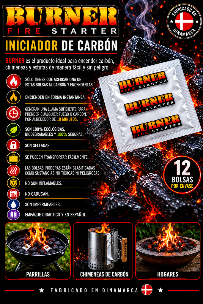 Encendedor Carbón Burner Dinamarca 12 Bolsitas