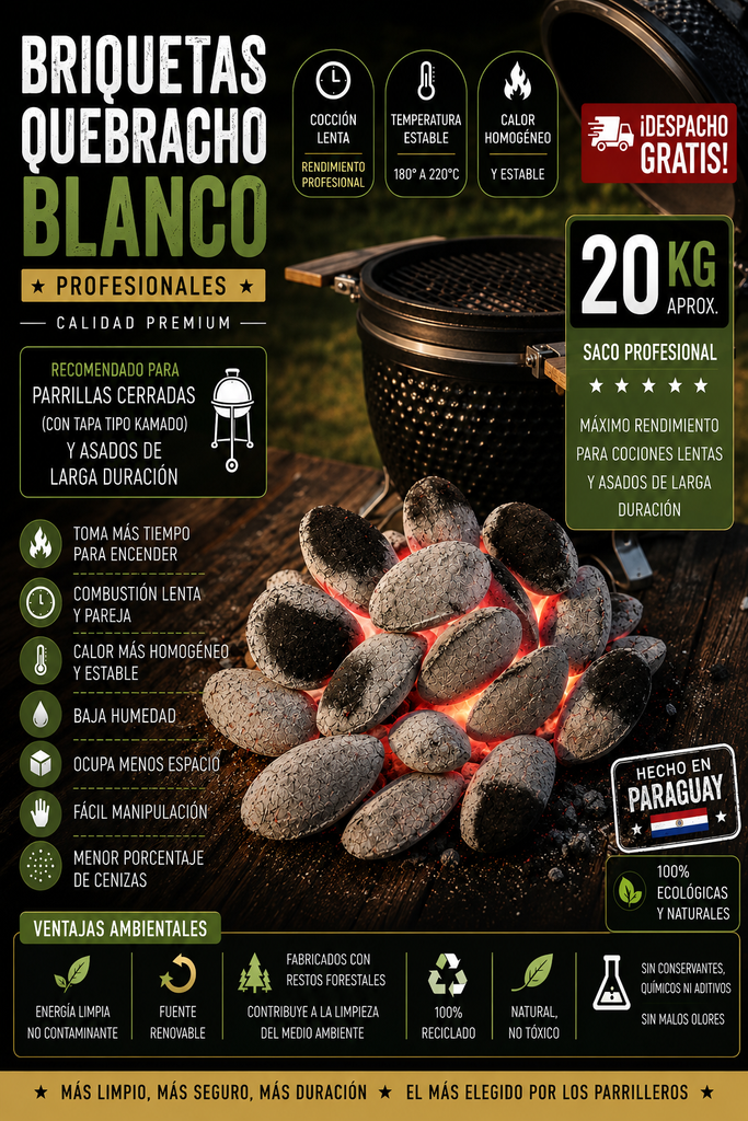 1 Saco Carbón Briquetas Quebracho Blanco  20 kilos + Despacho Gratis en Santiago*