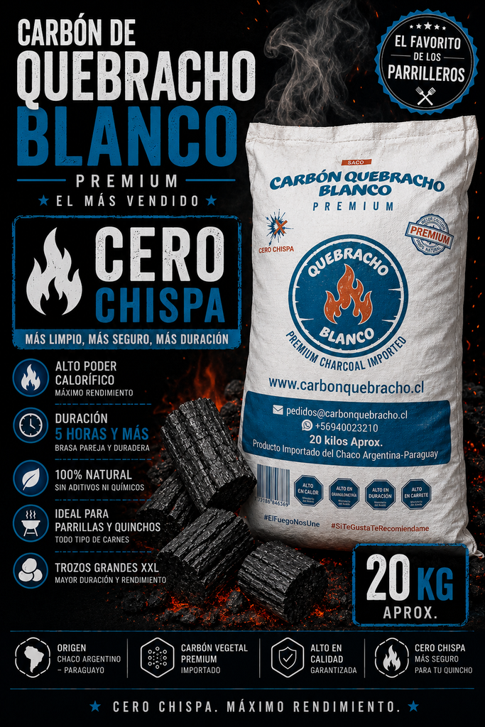 1 Saco de Carbón Quebracho Blanco Premium Cero Chispa 20 Kilos