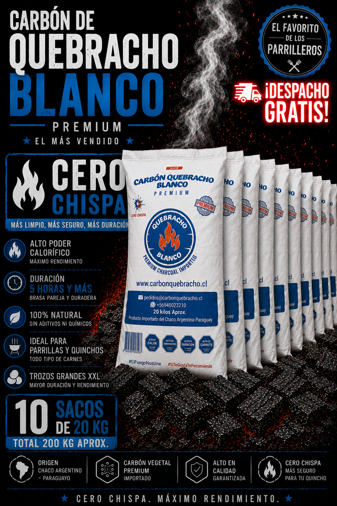 10 Sacos de Carbón Quebracho Blanco Premium Cero Chispa 20 Kilos + Despacho Gratis en Santiago*