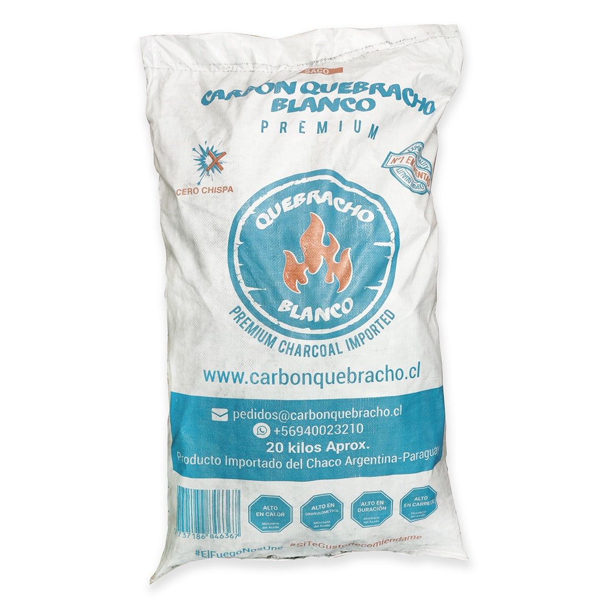 1 Saco de Carbón Quebracho Blanco Premium Cero Chispa 20 Kilos - Carbón Quebracho